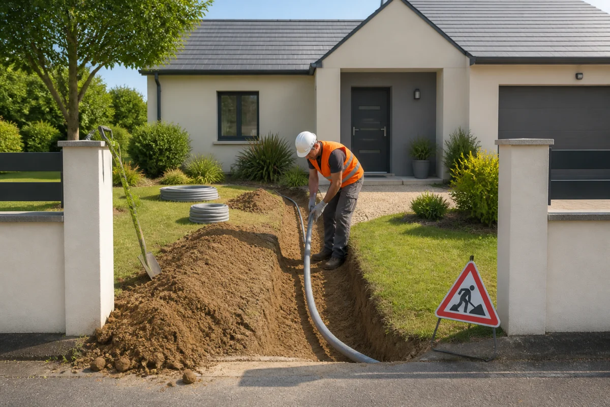 Technicien positionnant une gaine fibre dans une tranchée entre la limite de propriété et une maison individuelle