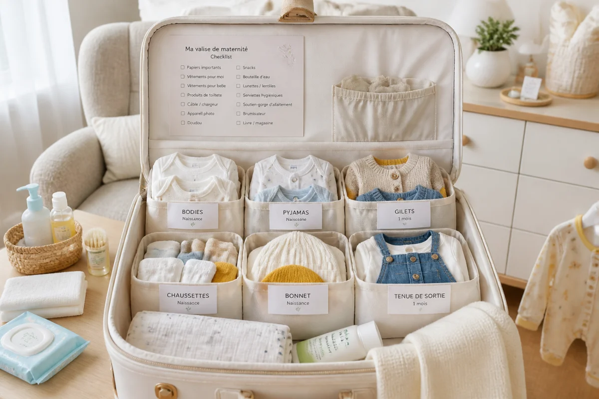 Valise de maternité ouverte et organisée avec vêtements de bébé, accessoires et produits essentiels pour préparer sereinement l’arrivée.