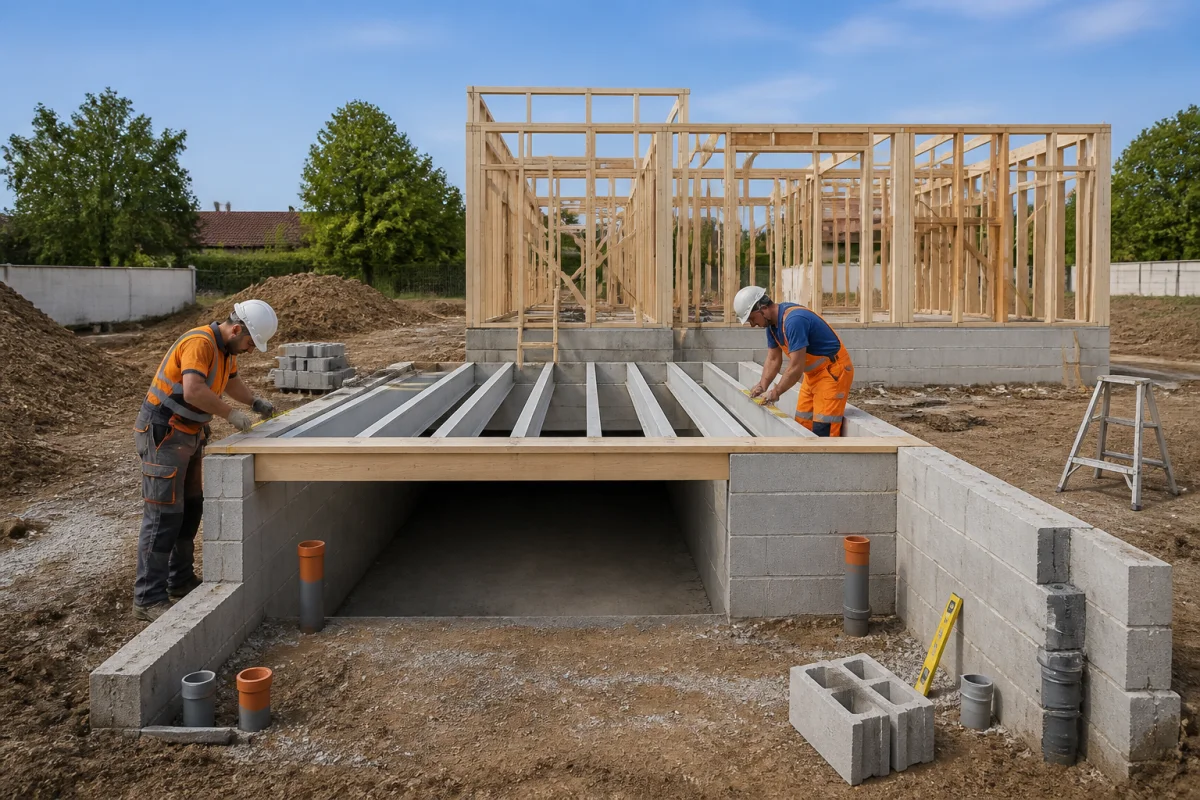Construction d’un vide sanitaire sous une maison, avec fondations en béton, poutrelles et ouvriers sur un chantier résidentiel.