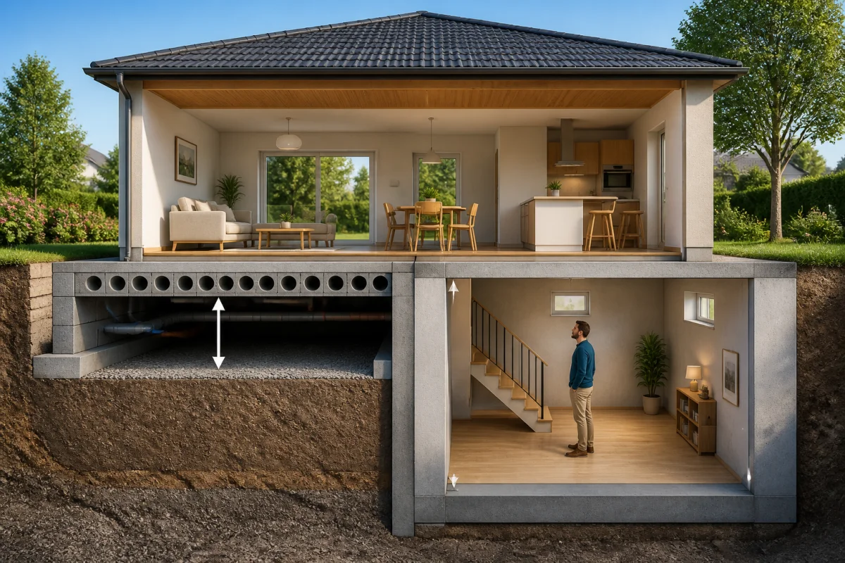 Comparaison entre vide sanitaire bas avec réseaux techniques et sous-sol habitable accessible sous une maison individuelle
